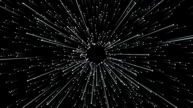 Abstract white light streaks and particles exploding outward on a black background