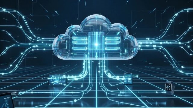 Cloud computing technology concept with digital network server storage and glowing data connections