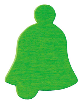 Lime green painted wooden bell shaped Christmas ornament on gray background