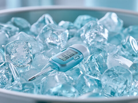 Digital thermometer floating among ice cubes with cool clinical mood and clear temperature display