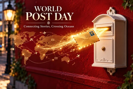 World Post Day envelope entering mailbox with glowing global connection during nighttime street lighting