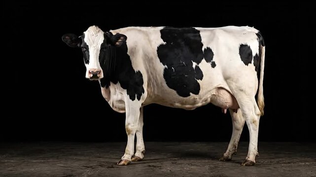 Black and white dairy cow standing in studio turning head to camera