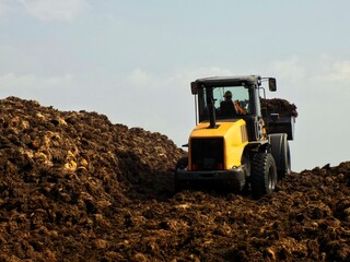 Yellow wheel loader moving organic compost heap at an industrial site  © youness