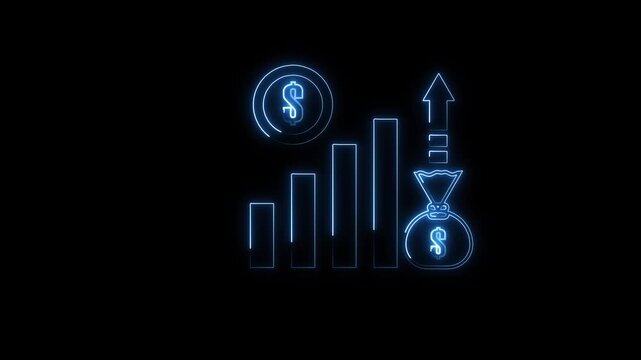 Bar graph animation rises with currency coins and cash bags. Financial investment revenue tracks on bar graph animation. Profitable business economic growth drives the graph.