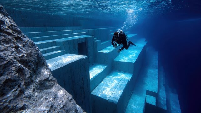 Diver explores underwater structures in deep blue water at an unknown location during daytime