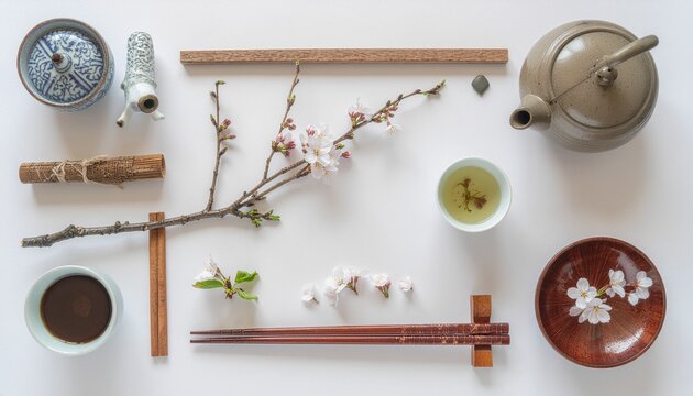 桜の花枝と急須や湯呑み等の茶器を美しく整列させた和風フレーム（桜, お花見, 日本茶, 緑茶, 茶器, 急須, 湯呑み, 和風, 春, 伝統文化, 背景素材） / Japanese tea set with cherry blossoms on white background