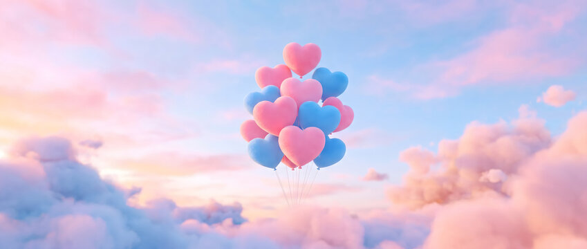 Pink and blue heart shaped balloons floating in dreamy sky clouds