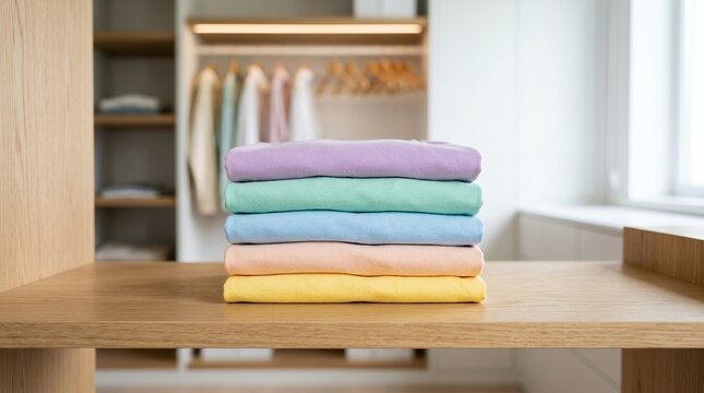 Neatly folded stack of pastel colored towels on a wooden table in a bright room.
