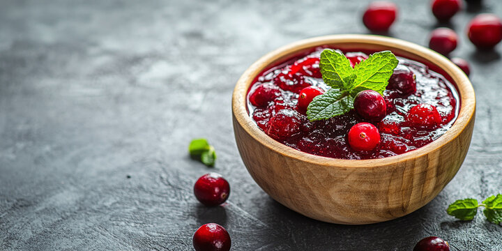 Fresh cranberry sauce in a wooden bowl with mint leaves and fresh berries on a dark rustic background. Traditional holiday side dish for thanksgiving and christmas dinner celebration meals festive tab