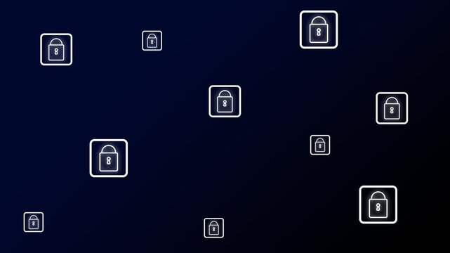 Padlock icons animation displays scattered security markers across dark. Encrypted data privacy protection telemetry routes on padlock icons. Defenses use padlock icons.