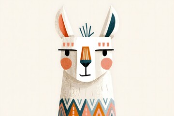 Fototapeta premium Cute llama portrait in textured folk art style. Stylized llama character with a geometric ethnic pattern. Serene sleeping llama portrait with a leaf headband and a colorful sweater pattern
