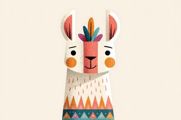 Fototapeta premium Cute llama portrait in textured folk art style. Stylized llama character with a geometric ethnic pattern. Serene sleeping llama portrait with a leaf headband and a colorful sweater pattern