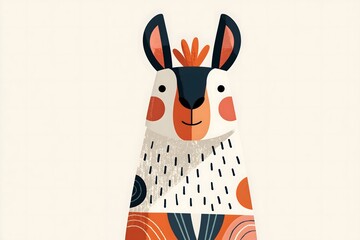 Fototapeta premium Cute llama portrait in textured folk art style. Stylized llama character with a geometric ethnic pattern. Serene sleeping llama portrait with a leaf headband and a colorful sweater pattern