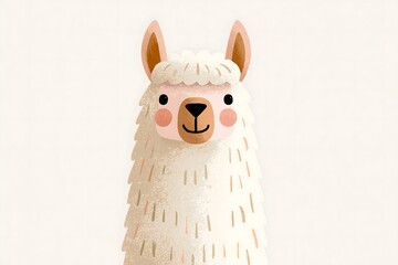 Fototapeta premium Cute llama portrait in textured folk art style. Stylized llama character with a geometric ethnic pattern. Serene sleeping llama portrait with a leaf headband and a colorful sweater pattern