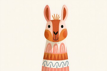 Fototapeta premium Cute llama portrait in textured folk art style. Stylized llama character with a geometric ethnic pattern. Serene sleeping llama portrait with a leaf headband and a colorful sweater pattern