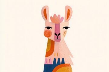 Fototapeta premium Cute llama portrait in textured folk art style. Stylized llama character with a geometric ethnic pattern. Serene sleeping llama portrait with a leaf headband and a colorful sweater pattern