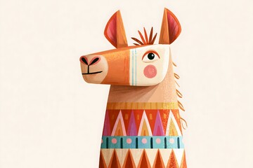 Fototapeta premium Cute llama portrait in textured folk art style. Stylized llama character with a geometric ethnic pattern. Serene sleeping llama portrait with a leaf headband and a colorful sweater pattern