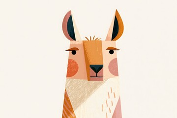 Fototapeta premium Cute llama portrait in textured folk art style. Stylized llama character with a geometric ethnic pattern. Serene sleeping llama portrait with a leaf headband and a colorful sweater pattern