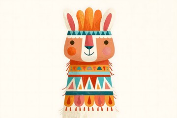 Fototapeta premium Cute llama portrait in textured folk art style. Stylized llama character with a geometric ethnic pattern. Serene sleeping llama portrait with a leaf headband and a colorful sweater pattern