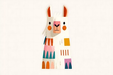 Fototapeta premium Cute llama portrait in textured folk art style. Stylized llama character with a geometric ethnic pattern. Serene sleeping llama portrait with a leaf headband and a colorful sweater pattern
