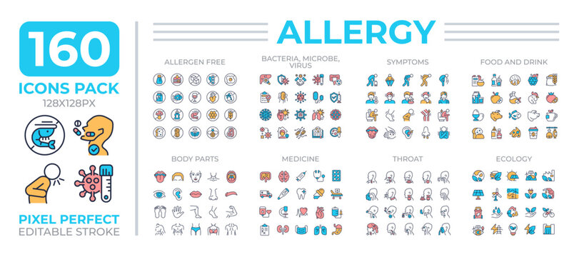 Allergy colorful icons set collection. Exaggerated immune system response to harmless foreign substance mega pack of flat line symbols, pixel perfect. Isolated vector illustrations. Editable stroke