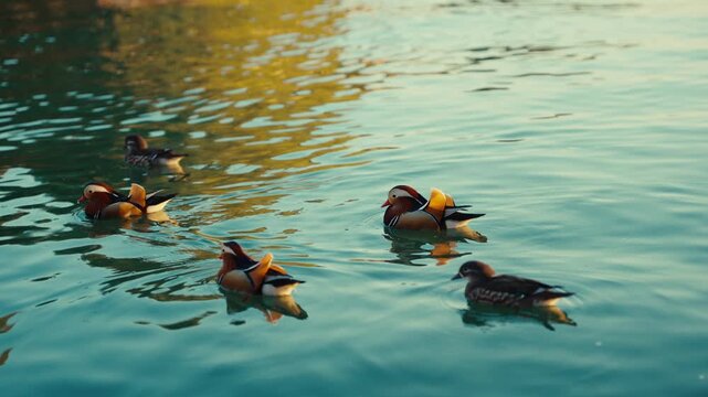 Colorful mandarin ducks swimming across West Lake in Hangzhou, China