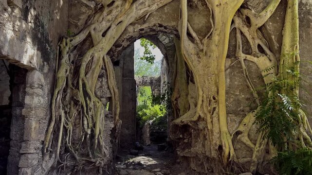 Ancient stone ruins with large tree roots covering archway and walls creating atmospheric historic setting with greenery and sunlight at Ixoluca Hacienda Mexico