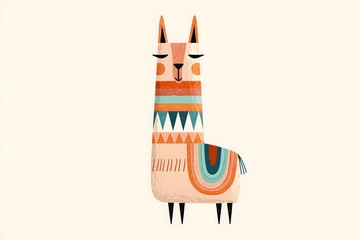 Fototapeta premium Whimsical folk art llama illustration with geometric saddle. Abstract geometric llama character graphic. Soft neutral folk art llama print. Vibrant folk pattern llama illustration