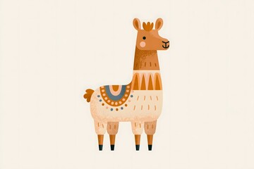 Fototapeta premium Whimsical folk art llama illustration with geometric saddle. Abstract geometric llama character graphic. Soft neutral folk art llama print. Vibrant folk pattern llama illustration