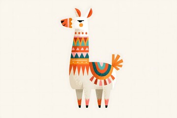Fototapeta premium Whimsical folk art llama illustration with geometric saddle. Abstract geometric llama character graphic. Soft neutral folk art llama print. Vibrant folk pattern llama illustration