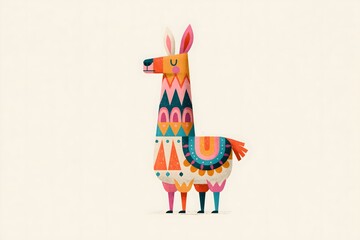Fototapeta premium Whimsical folk art llama illustration with geometric saddle. Abstract geometric llama character graphic. Soft neutral folk art llama print. Vibrant folk pattern llama illustration
