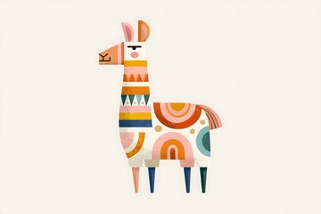 Fototapeta premium Whimsical folk art llama illustration with geometric saddle. Abstract geometric llama character graphic. Soft neutral folk art llama print. Vibrant folk pattern llama illustration