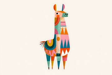 Fototapeta premium Whimsical folk art llama illustration with geometric saddle. Abstract geometric llama character graphic. Soft neutral folk art llama print. Vibrant folk pattern llama illustration