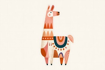 Fototapeta premium Whimsical folk art llama illustration with geometric saddle. Abstract geometric llama character graphic. Soft neutral folk art llama print. Vibrant folk pattern llama illustration
