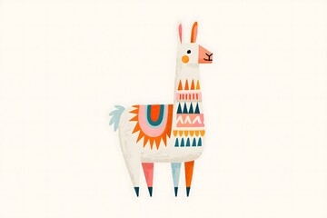 Fototapeta premium Whimsical folk art llama illustration with geometric saddle. Abstract geometric llama character graphic. Soft neutral folk art llama print. Vibrant folk pattern llama illustration
