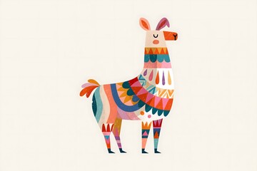 Fototapeta premium Whimsical folk art llama illustration with geometric saddle. Abstract geometric llama character graphic. Soft neutral folk art llama print. Vibrant folk pattern llama illustration