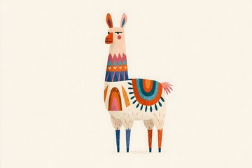 Fototapeta premium Whimsical folk art llama illustration with geometric saddle. Abstract geometric llama character graphic. Soft neutral folk art llama print. Vibrant folk pattern llama illustration