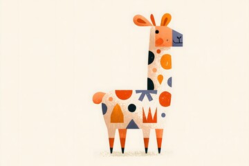 Fototapeta premium Whimsical folk art llama illustration with geometric saddle. Abstract geometric llama character graphic. Soft neutral folk art llama print. Vibrant folk pattern llama illustration
