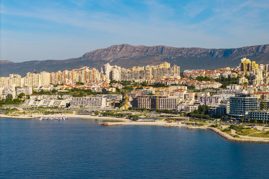Panoramic aerial view of Split&rsquo;s Žnjan waterfront with dense residential neighborhoods, modern developments