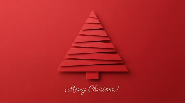 Minimalist paper cut style christmas tree on red background