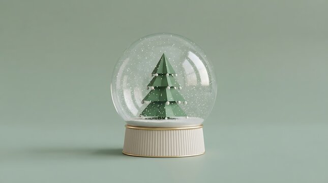 Minimalist christmas snow globe with paper tree on green background