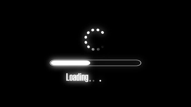 Loading bar animation displays spinning buffering dots across dark. System software processing telemetry data updates on loading bar. Interfaces operate with loading bar.