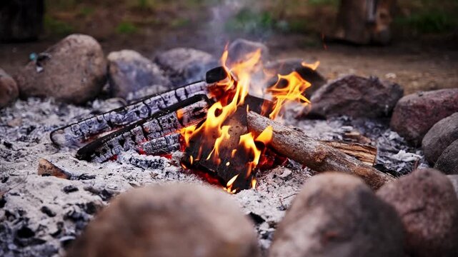 Slow motion shot of a small campfire burning inside a stone fire ring at a campsite.