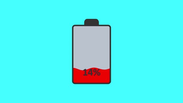 Battery charging level indicator reaching full 100 percent animation on cyan blue screen chroma key background overlay