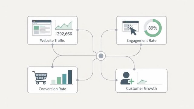 Animated marketing dashboard infographic video showing website traffic conversion rates engagement and customer growth metrics