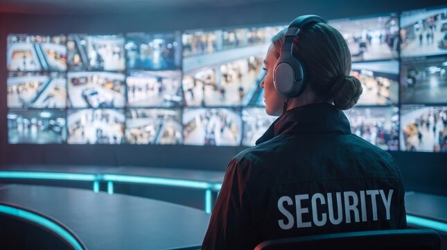 Female security operator in over-ear headphones monitoring shopping mall CCTV camera feeds on a large video wall in a high-tech surveillance control room