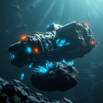 Cinematic sci-fi concept art of spaceship mining crystals