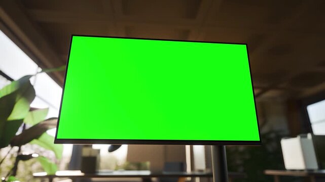 Computer PC Monitor with Chroma Key Green Screen Mockup in Biophilic Bright Modern Office