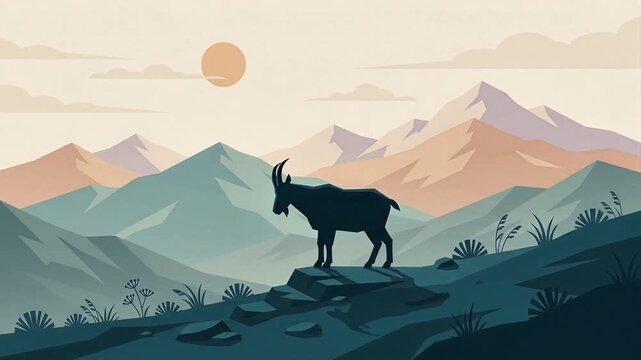wide angle vector illustration mountain goat standing on rocky peak at sunset