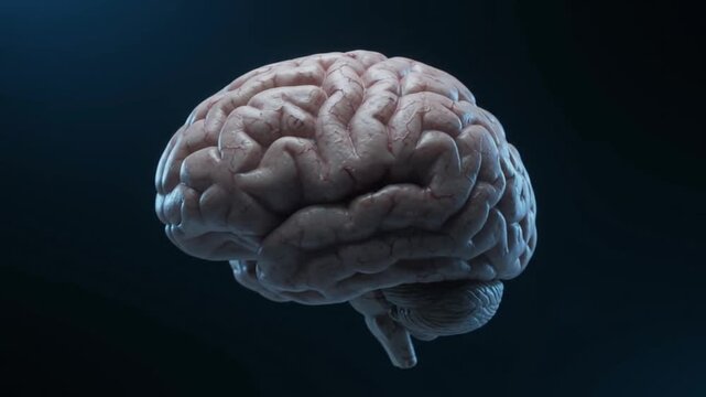 Human brain anatomy rendering with electrical impulses flashing across neural pathways in motion footage clip